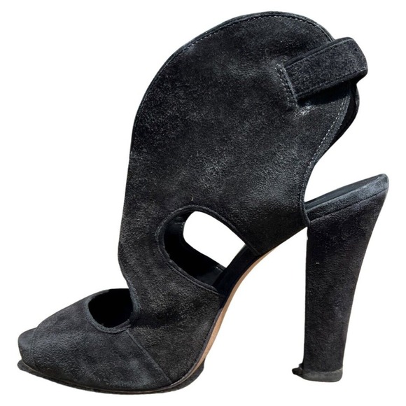 Rebecca Minkoff Demure Toe Suede Bootie High Heel Peep Size 7.5 EU 37.5 Black - Picture 8 of 11